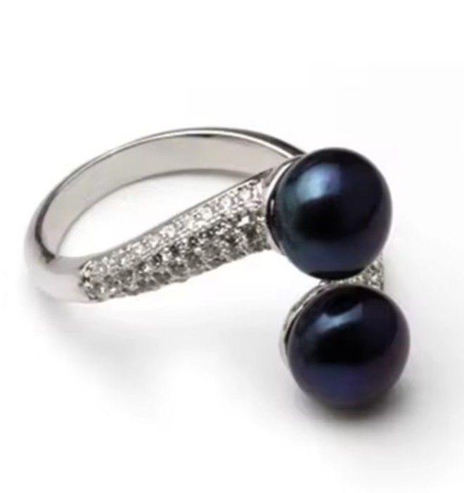 Natural Double Black Freshwater Pearl Ring  Adjustable Ring 