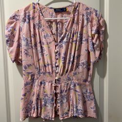 Polo Ralph Lauren smocked floral button blouse size 2  pink blue yellow