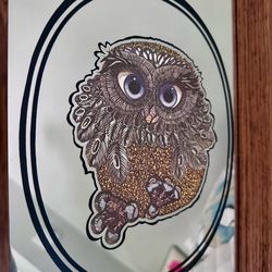 Vintage Glenn Heath Owl Art Prints on Mirror. MCM 1970’s Big Eye Colorful owl mirror print 14 3/8” tall x 11 1/4” wide framed in nice solid wood with 