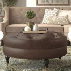 37" Wide Genuine Leather Tufted Round Cocktail Ottoman 9639