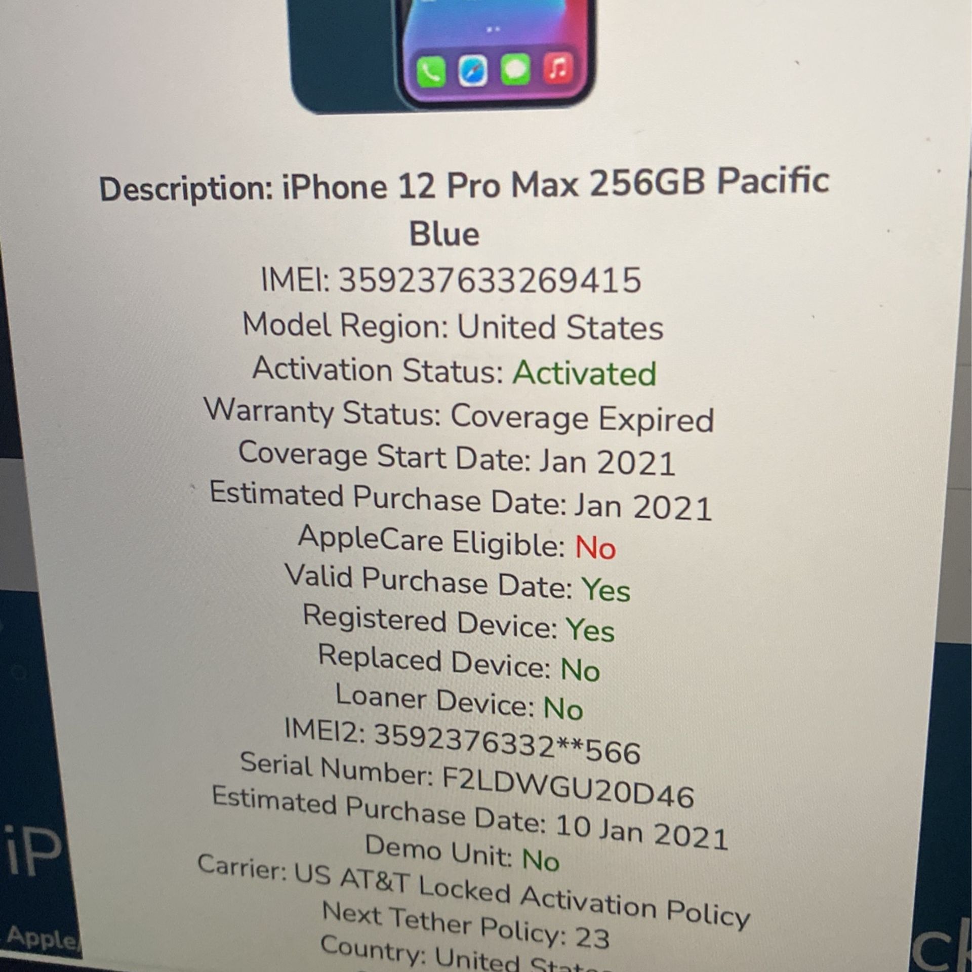 IPHONE 12 PRO MAX 256 GB PACIFIC BLUE ICL0UD L0CKED AT&T FOR PARTS