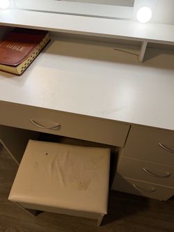 White Vanity Desk with Mirror, Lights, and Stool