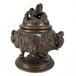Antique Japanese 1890s Meiji Period Bronze Koro Censer Urn W Various Animals