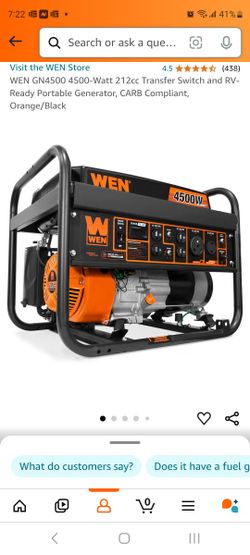 WEN GN4500 generator, 4500-Watt 212cc Transfer Switch and RV-Ready Portable Generator, CARB Compliant,