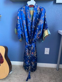 Blue Satin Dragon Print Kimono Robe