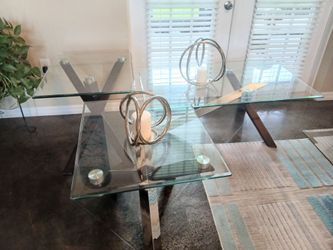 Set of 3 Beautiful Criss Cross Tempered Glass / Chrome/wood  Modern tables
