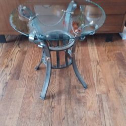 Industrial style brass and metal glass end table