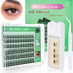 Heatinglashes Self Adhesive Eyelashes DIY Lash Clusters Kit Heated Pre-Glued Wispy Lash Clusters Press on Lash Kit with Heater and Applicator Natural 