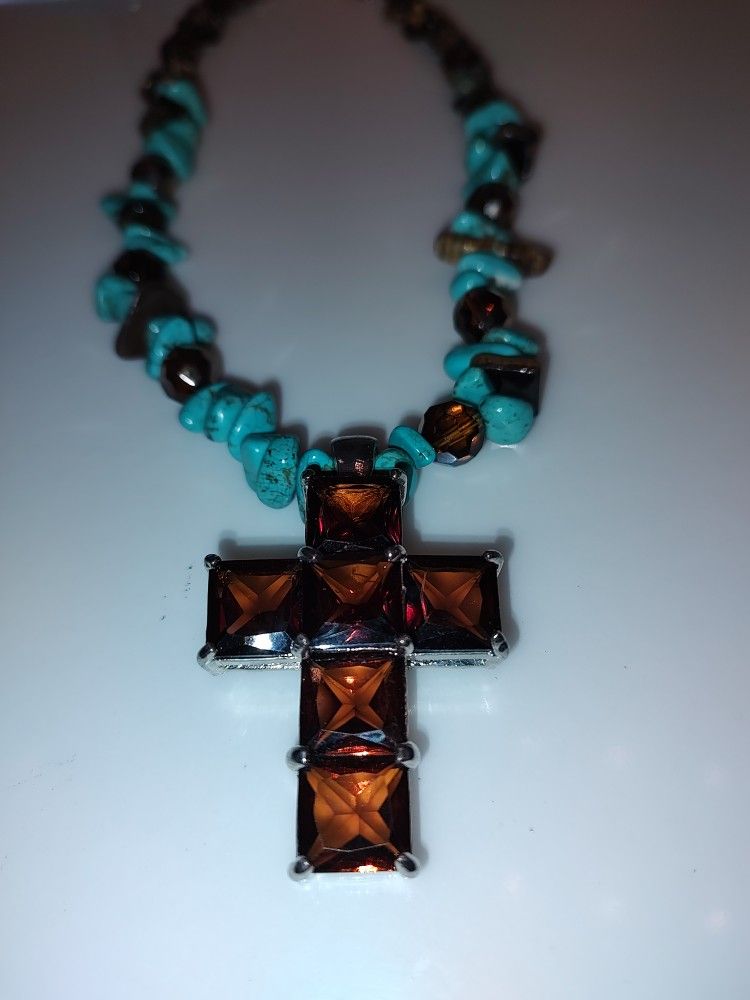 Turquoise beaded Cross necklace & earrings 