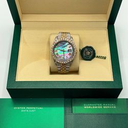 Rolex Datejust 41 41mm Iced Out Bussdown Diamond Mop Roman Dial Blue 18k yellow gold stainless 126333 box VVS