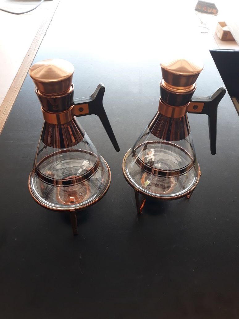 Glass And Copper Tone Coffee Tea Pot Set Of 2-Vintage