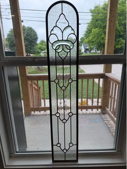 Vintage Arched Leaded Glass Transom Window (Fleur-de-lis) - 42" x 8.5"