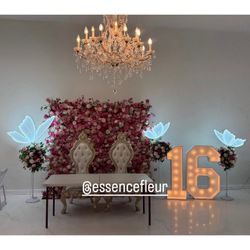 Flower wall backdrop, marquee numbers and LED butterflies