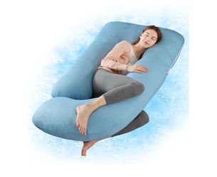 Momcozy U-shaped full-body pregnancy and maternity support pillow with a blue removable cover.