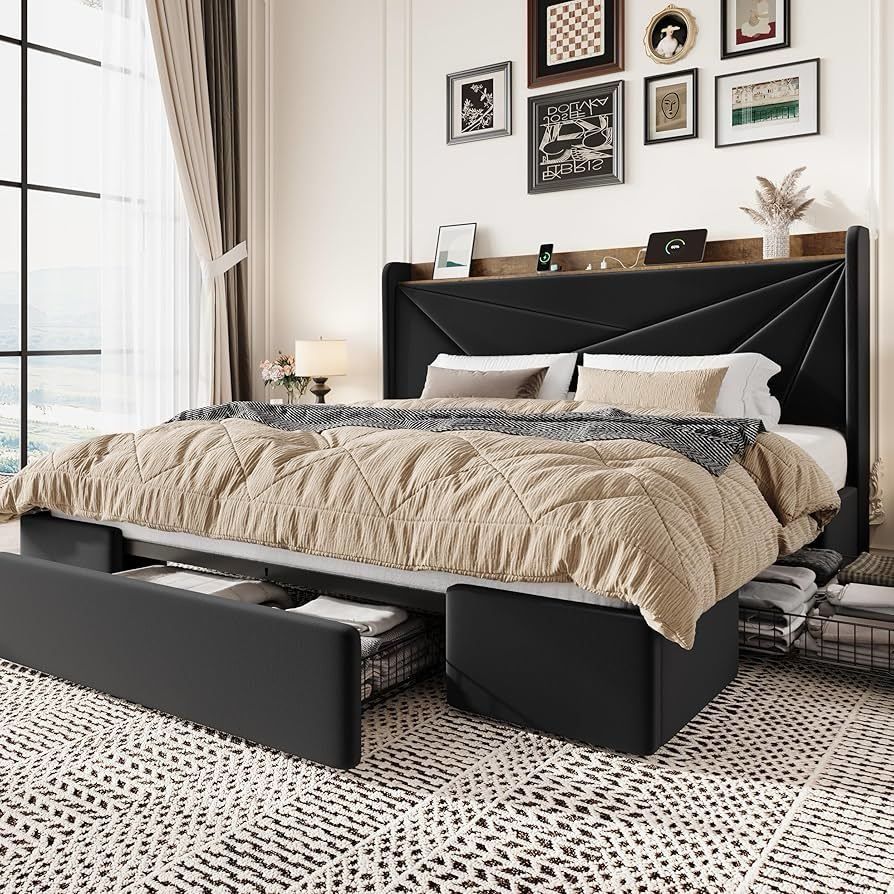 King Size Bed Frame with 3 Drawers, USB & Type-C Charging Ports, Velvet Upholstered Platform Bed with Modern Geometric Wingback Storage Hea