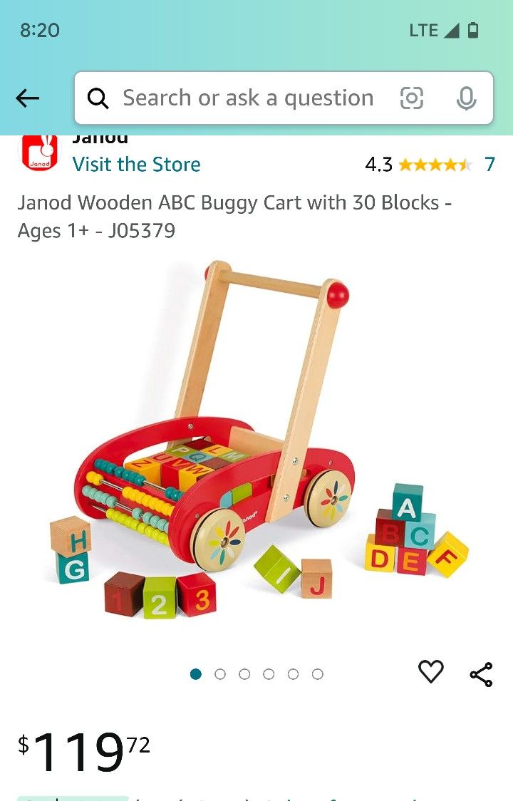 Janod Wooden ABC Buggy Cart with 30 Blocks - Ages 1+