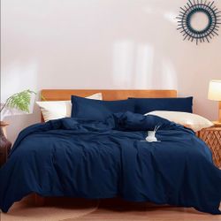 BOLINLIVING Navy Blue Duvet Cover Queen 3 Pieces Soft Washed Microfiber