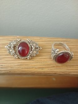 Fine Silver Jewelry 925 Vintage Ring Set with Clasp/Pendant with Natural Stone 