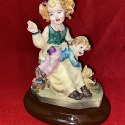 7 Inch x 5 Inch Painted Alabaster Boy & Girl Figurine Imported From Greece 