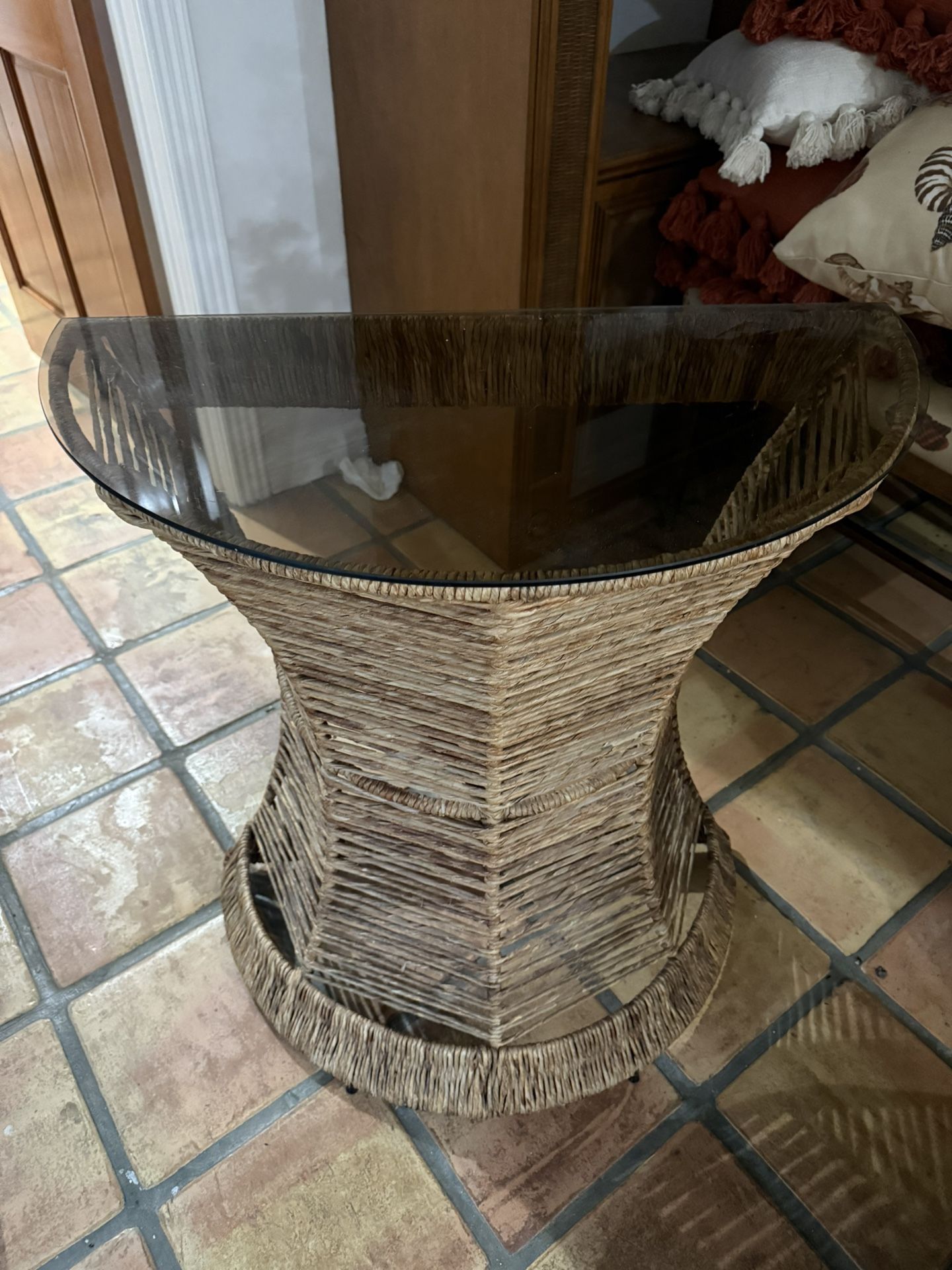 Rattan & Woven Glass Top Half Moon Table