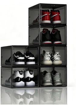 XL Shoe Storage Box, 6 PACK Shoe Boxes Clear Plastc Stackable Organizer, Clear Plastic Shoe Boxes Fit for US 15 (6 PACK BLACK)