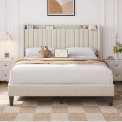 Queen Bed Frame with USB Charging Station and Storage Shelf/Upholstered Headboard Platform Bed with Wing Side/Wooden Slats Support/Noise Free/No Box S