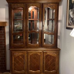 Two Piece Antique Wood &  Glass Lighted China Cabinet 