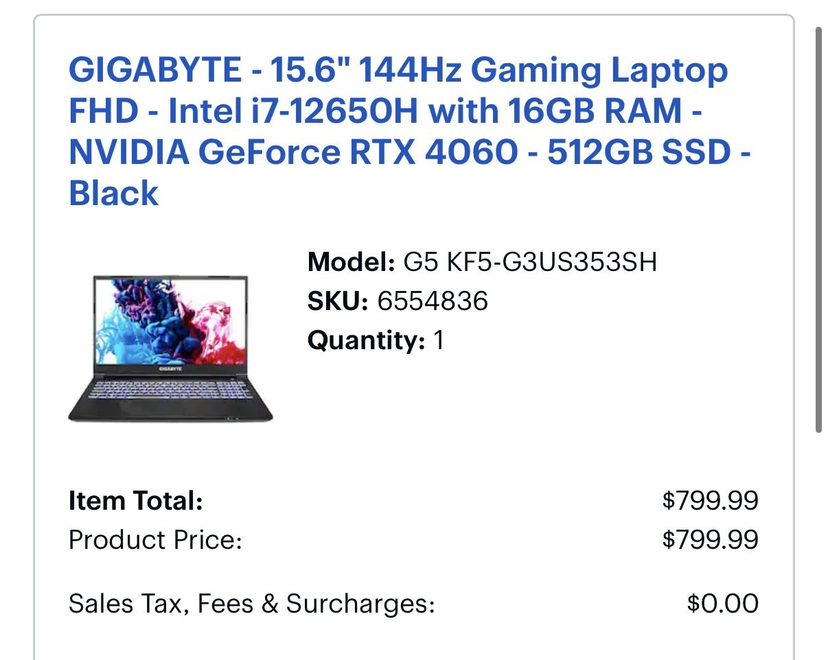 Gigabyte 15.6” 144Hz Gaming Laptop
