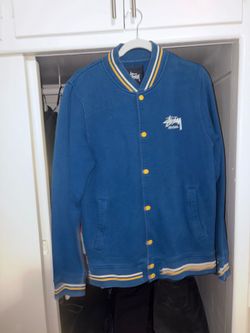 Stussy Men's Blue Varsity Jacket Button Front Logo Striped Trim Size L