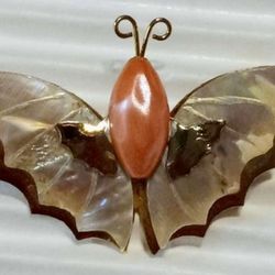Coral MOTHER of PEARL BUTTERFLY BROOCH Vintage Pin