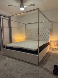 Slightly used Porter Tufted Upholstered Canopy Bed
