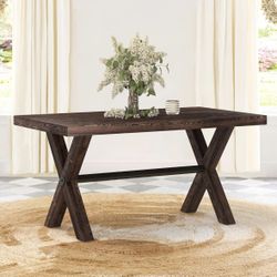 LUE BONA 59 inch Dining Table for 6-8, Solid Wood Farmhouse Kitchen Table with Natural Wood Grain, Heavy Duty Rectangular Kitchen Dining Table for Hom