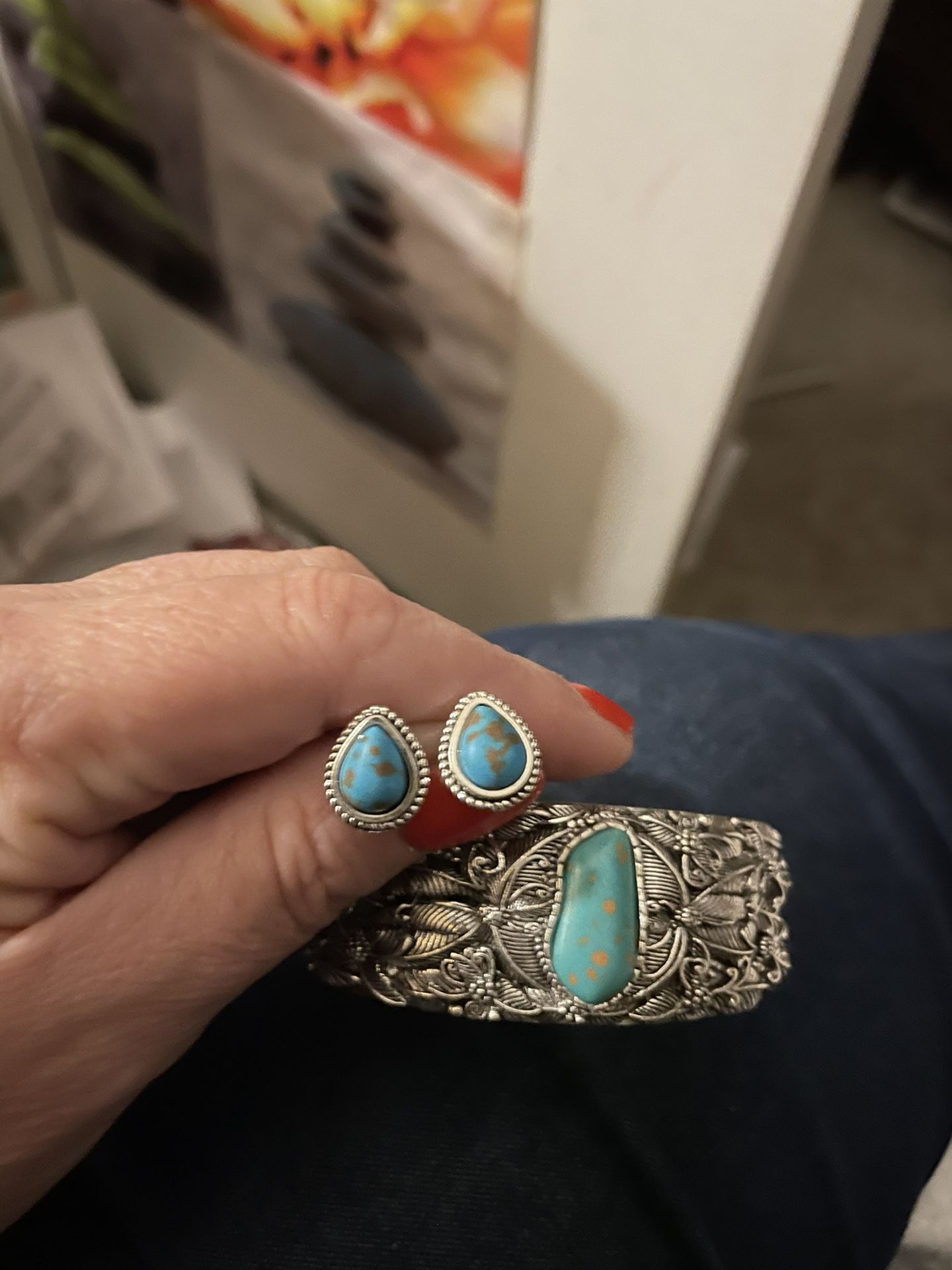 Gorgeouse Tibet Turquoise Bracelet And Earrings Set... $25 ... Rings Set Of 8 Is Only $15