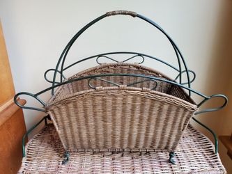 Vintage wrought iron and wicker magazine holder