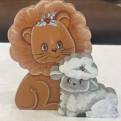 Hand-painted wooden folk art lion and lamb Christmas decor