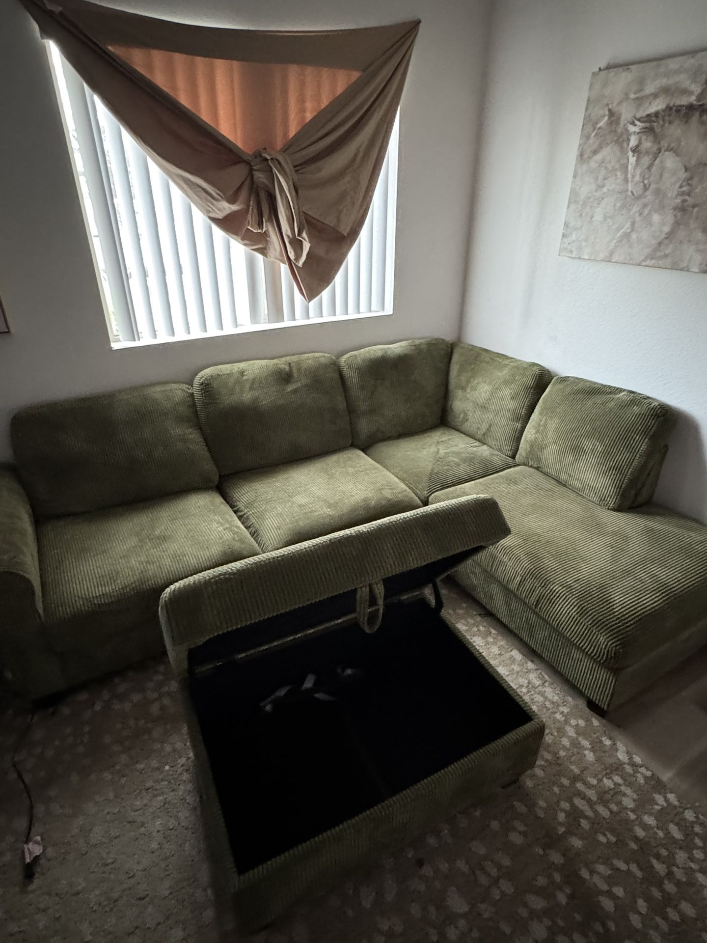 Olive Green Corduroy Sectional Sofa with Storage Ottoman + Built-In Charger & Outlet