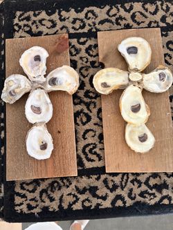 Oyster Shell Cross Wall Art on Wood — Set of 2