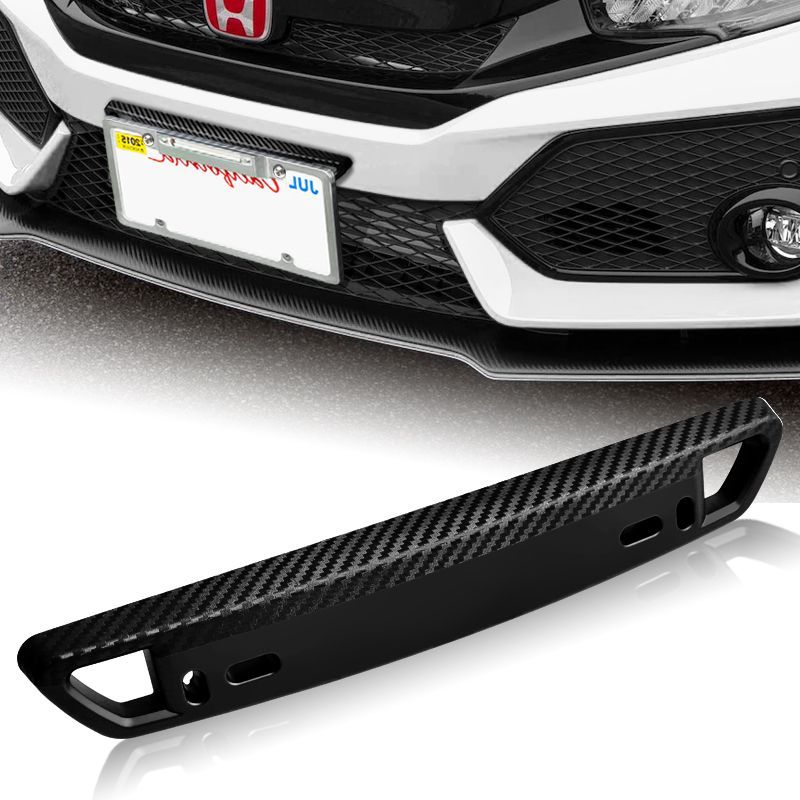 JDM Style Black Carbon Look Bumper Front License Plate Holder Relocate Bracket -(2-LPB-A1-BK
