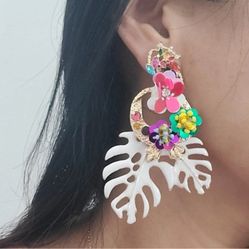 Gold long White  Leaf chandelier drop dangle women's earrings gift