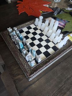 vintage hand-carved turquoise and white onyx Aztec-style chess set