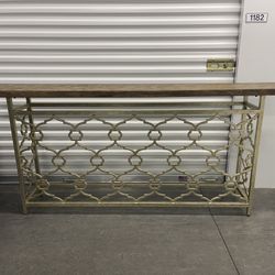 Hooker Furniture Mélange Console Table – Metal Fretwork Base, Distressed Wood Top