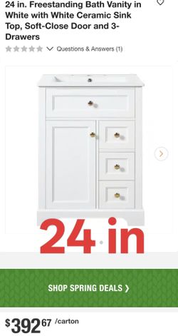 24 in. Freestanding Bath Vanity in White with White Ceramic Sink Top, Soft-Close Door and 3-Drawers