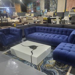 3 PIECE LIVINGROOM SET SOFA ARMCHAIR OTTOMAN BLUE VELVET