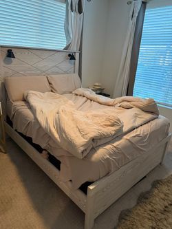White Wood Queen Bed Frame with Headboard includes dresser and night stand