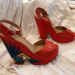 Nine West Wedge Heel size 9M Brazil orange platform wedge with tropical parrot design some wear on inner straps 6” heel