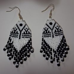 Beaded Black And White Earrings With Fringe
