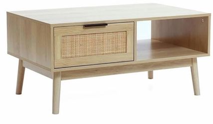 LuxenHome Wood and Rattan Coffee Table with Storage, White Oak Finish Wood Living Room Tables,Mid Century Modern Coffee Table, Rectangle Wooden Accent