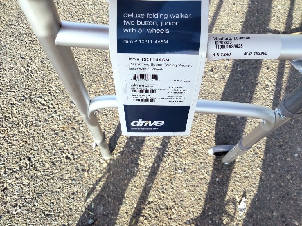 Brand New "Drive" Foldable Delux Two Button Walker W/ 5" Wheels