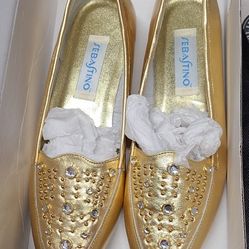 Sebastino GOLD beaded ballet flats oxford flashy LEATHER SHOES  loafers shoe 9 M