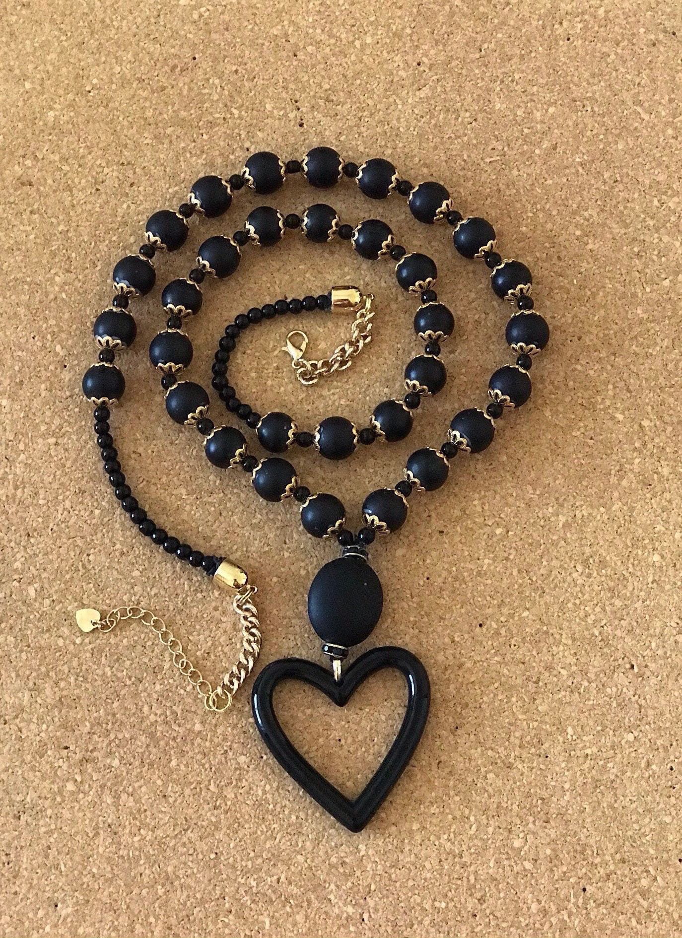 Eyeglass Necklace/Black Heart Holder Necklace/Badge Holder Necklace/Black Heart Holder/Sunglass Holder Necklace/Beaded Lanyard Necklace